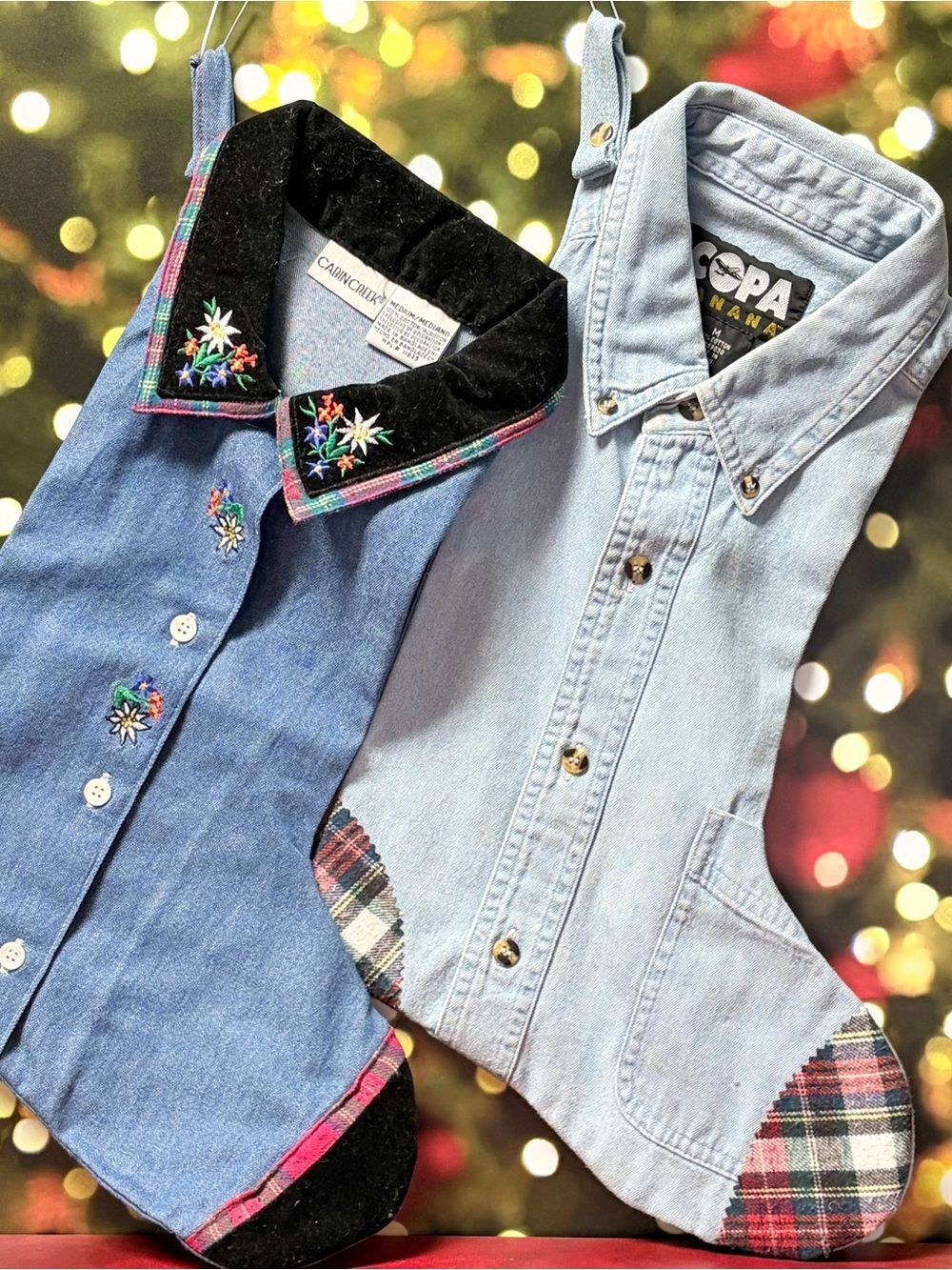 Set of 2 Upcycled Denim Shirt Christmas Stockings Country Cottage Cabin Holiday